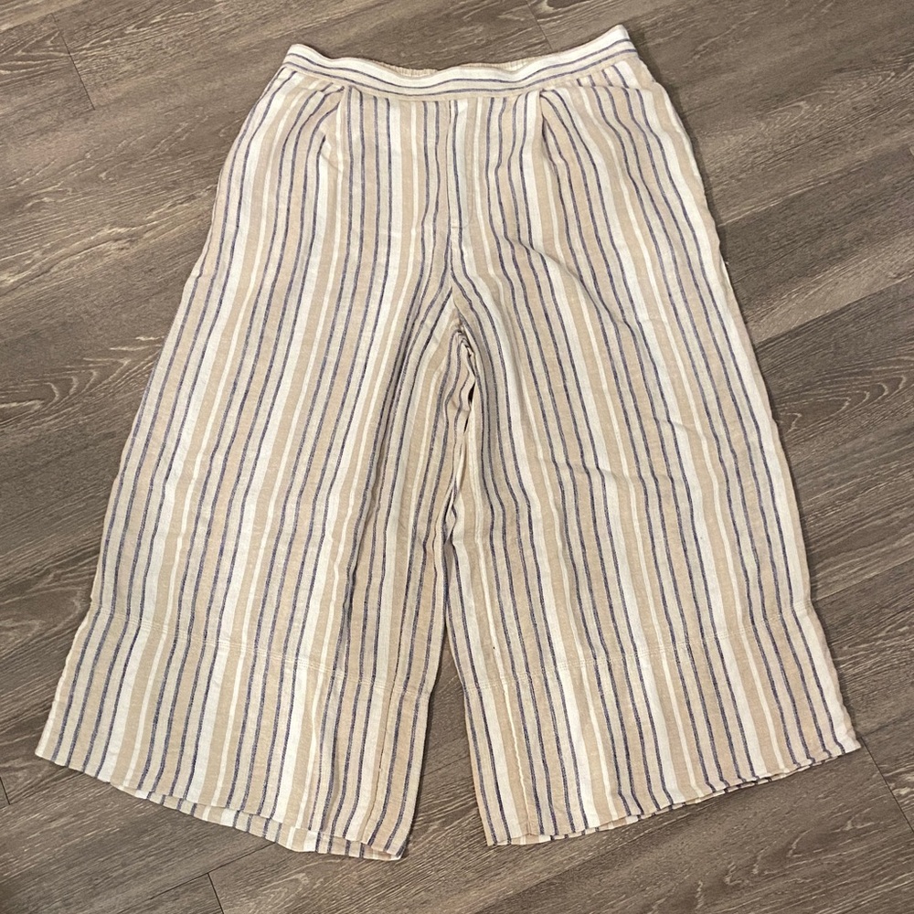 Banana Republic Factory Striped Beige and Blue Linen Blend Wide Leg Pants
